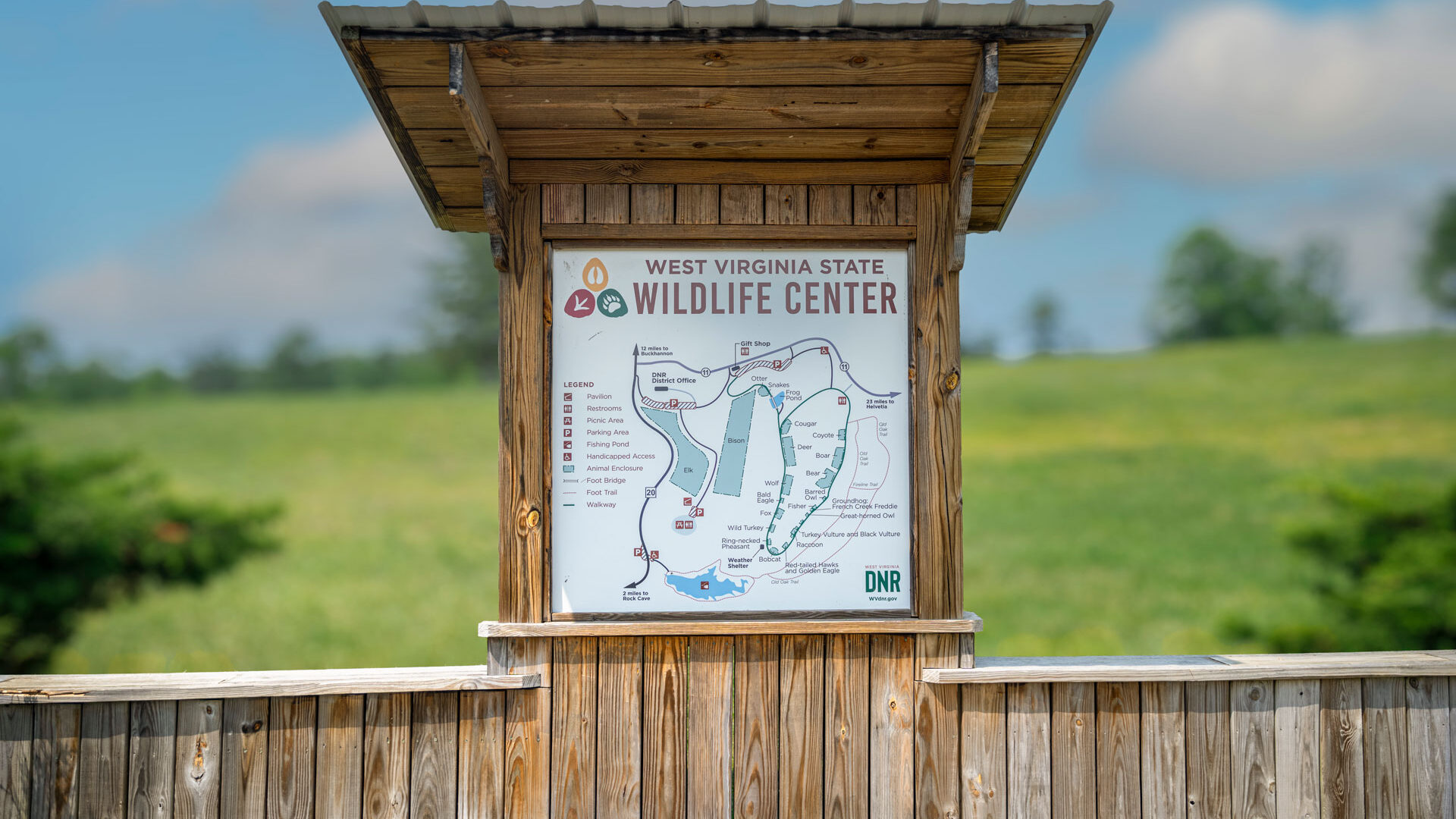 Trail map of the West Virginia State Wildlife Center with a list of animals visitors can see